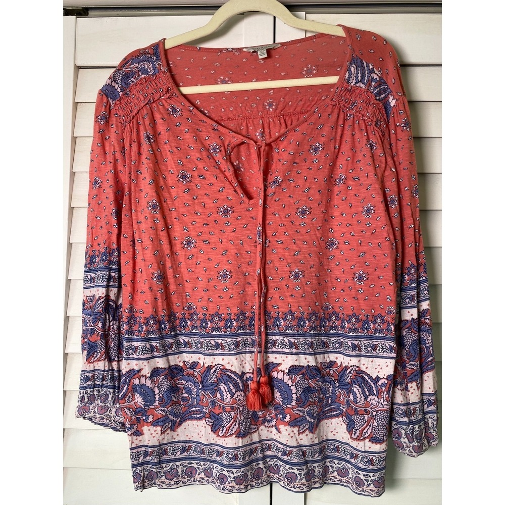 Lucky Brand Jersey Knit Keyhole Tie Pink Floral Paisley Tassels Shirt Top | Lrg